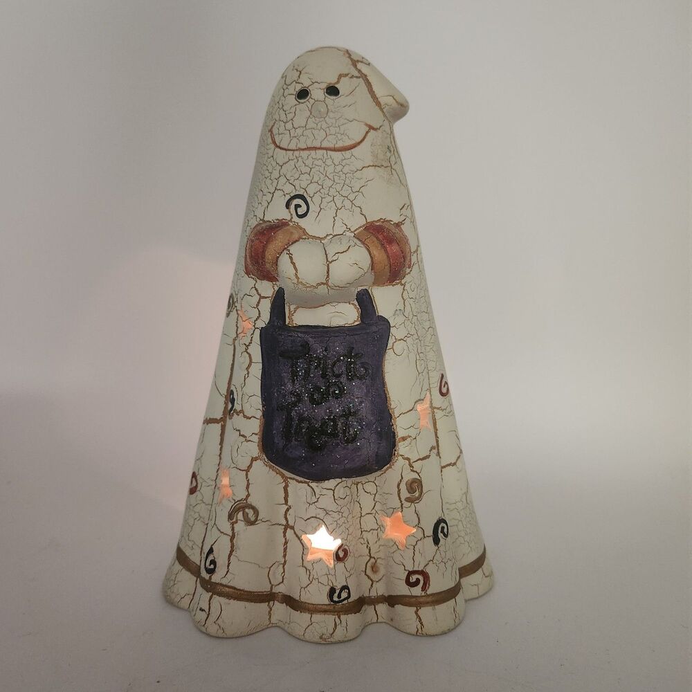 Ghost Candle Light Ceramic Figurine Crackle Finish Trick or Treat Halloween
